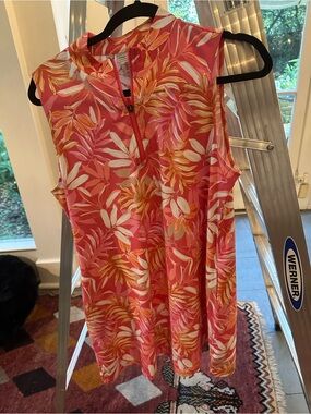 Tommy Bahama Coral Pink Tropical Leaf Print Sleeveless Dress